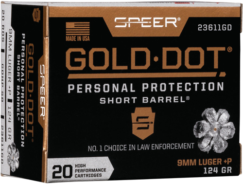 SPEER GOLD DOT SHORT BBL 9MM LUGER +P 124GR GDHP 20RD 10B/C - for sale